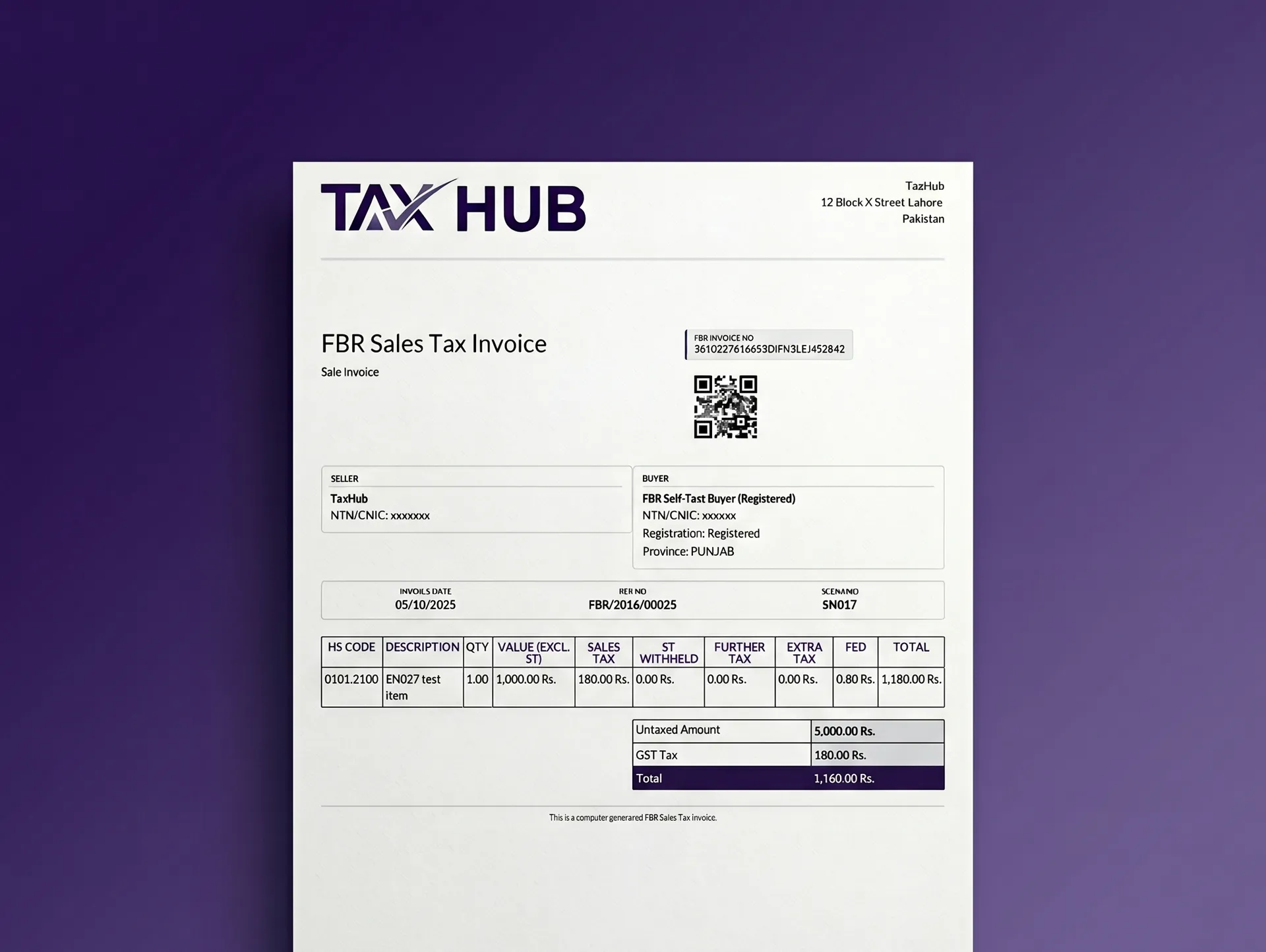 TaxHub invoicing and billing: FBR-compliant invoice with QR code and IRN