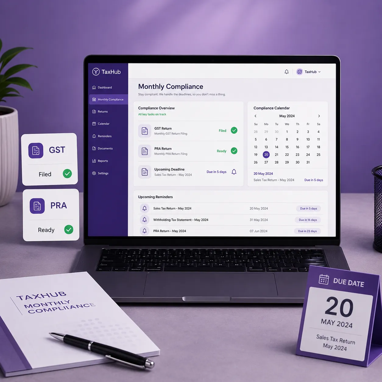 TaxHub monthly compliance dashboard: GST and PRA returns with deadline reminders