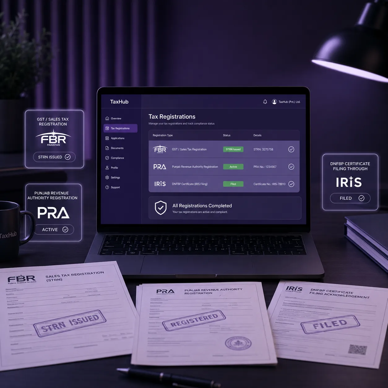 TaxHub tax registrations dashboard: GST / STRN, PRA, and DNFBP certificate status